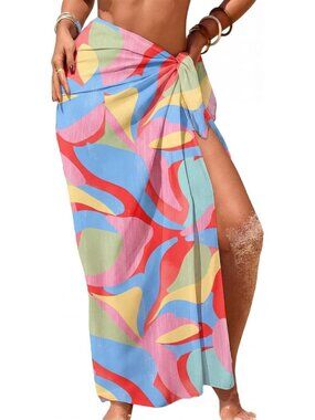 Women's Rainbow Swimsuit High Slit Summer Floral Print Chiffon Wrap Beach